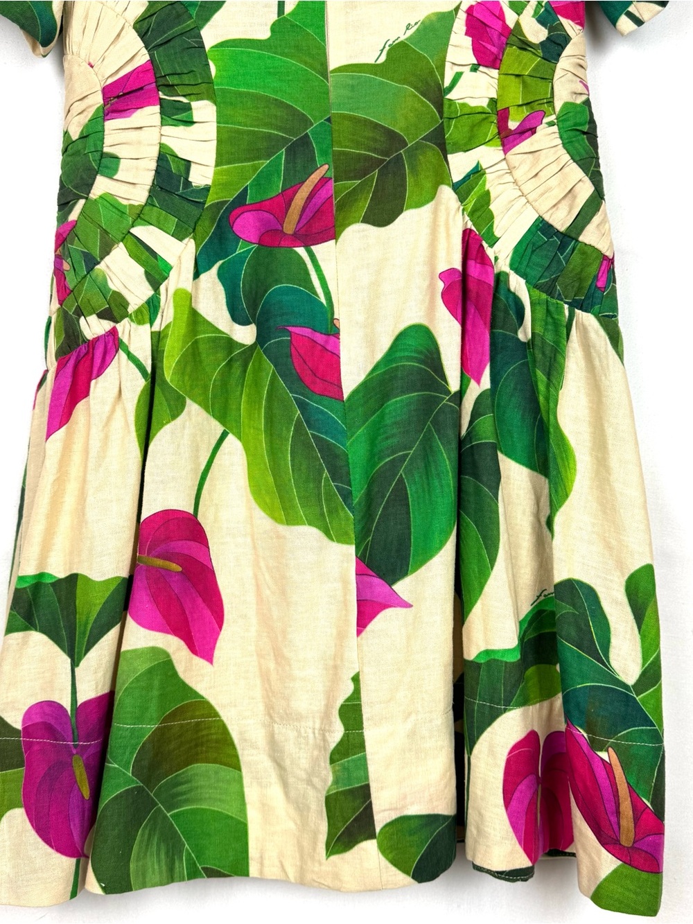 New With Tags FARM Rio Cream Midi Dress with Pink Anthurium & Green Leaves Small - Picture 9 of 14